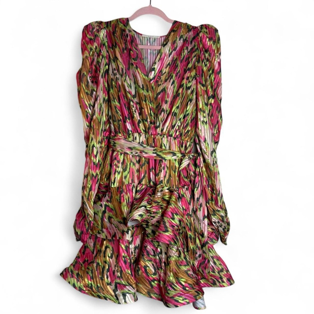 River Pink & Green Retro Tiered Ruffle Mini Party Dress Womens Size Medium